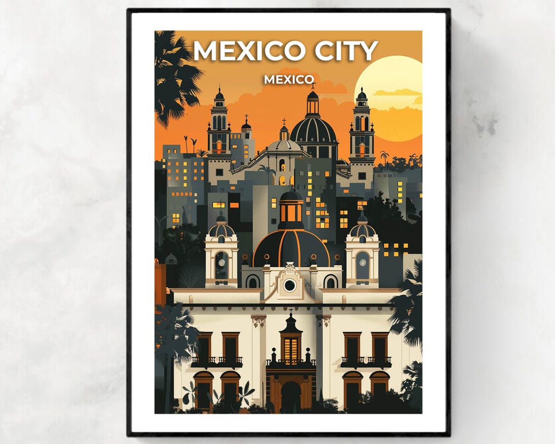 Mexico City Cathedral Sunset Silhouette Mexico Travel Poster
