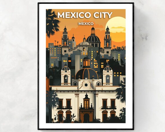 Mexico City Cathedral Sunset Silhouette Mexico Travel Poster