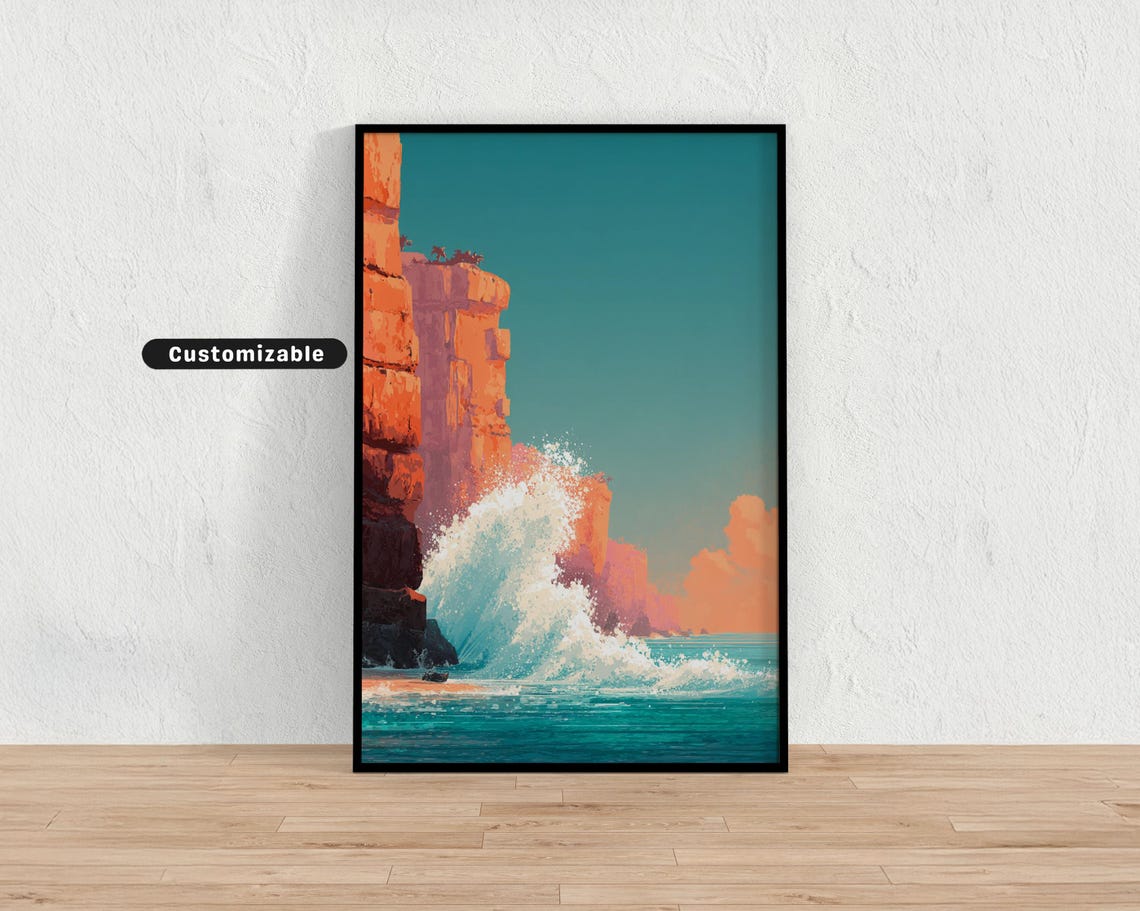 Red Cliffs Crashing Ocean Waves Sunset Coastal Landscape Wall Poster
