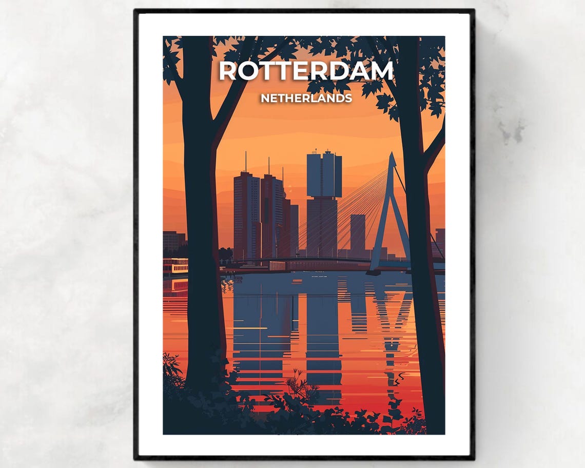 Rotterdam Netherlands Erasmus Bridge Sunset Skyline Travel Poster