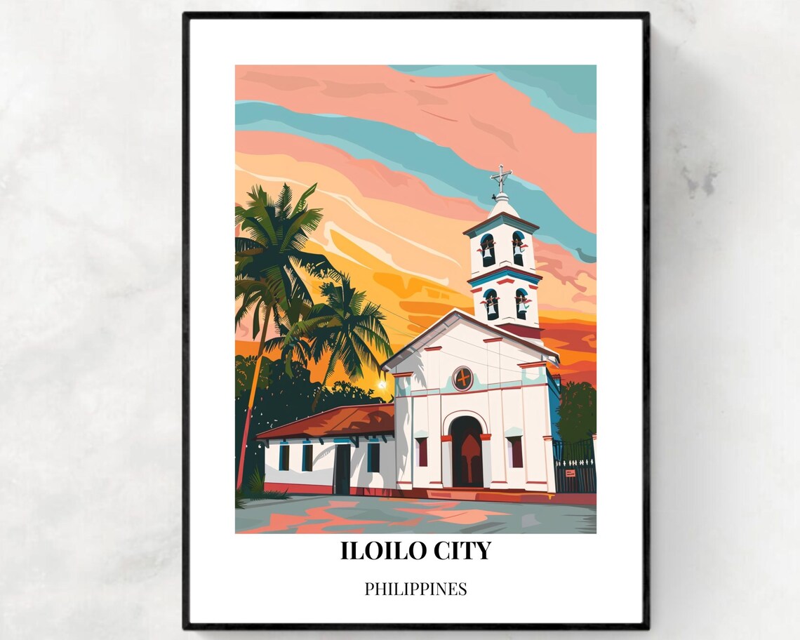 Iloilo City Philippines Sunset Palm Church Minimal Travel Poster