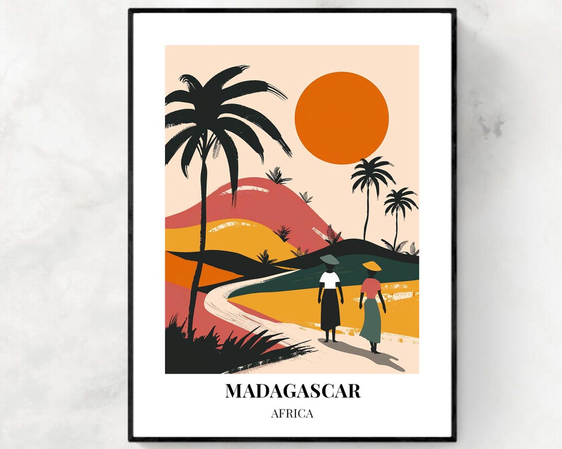 Madagascar Africa Art Deco Palm Sunset Walk Illustration Travel Poster