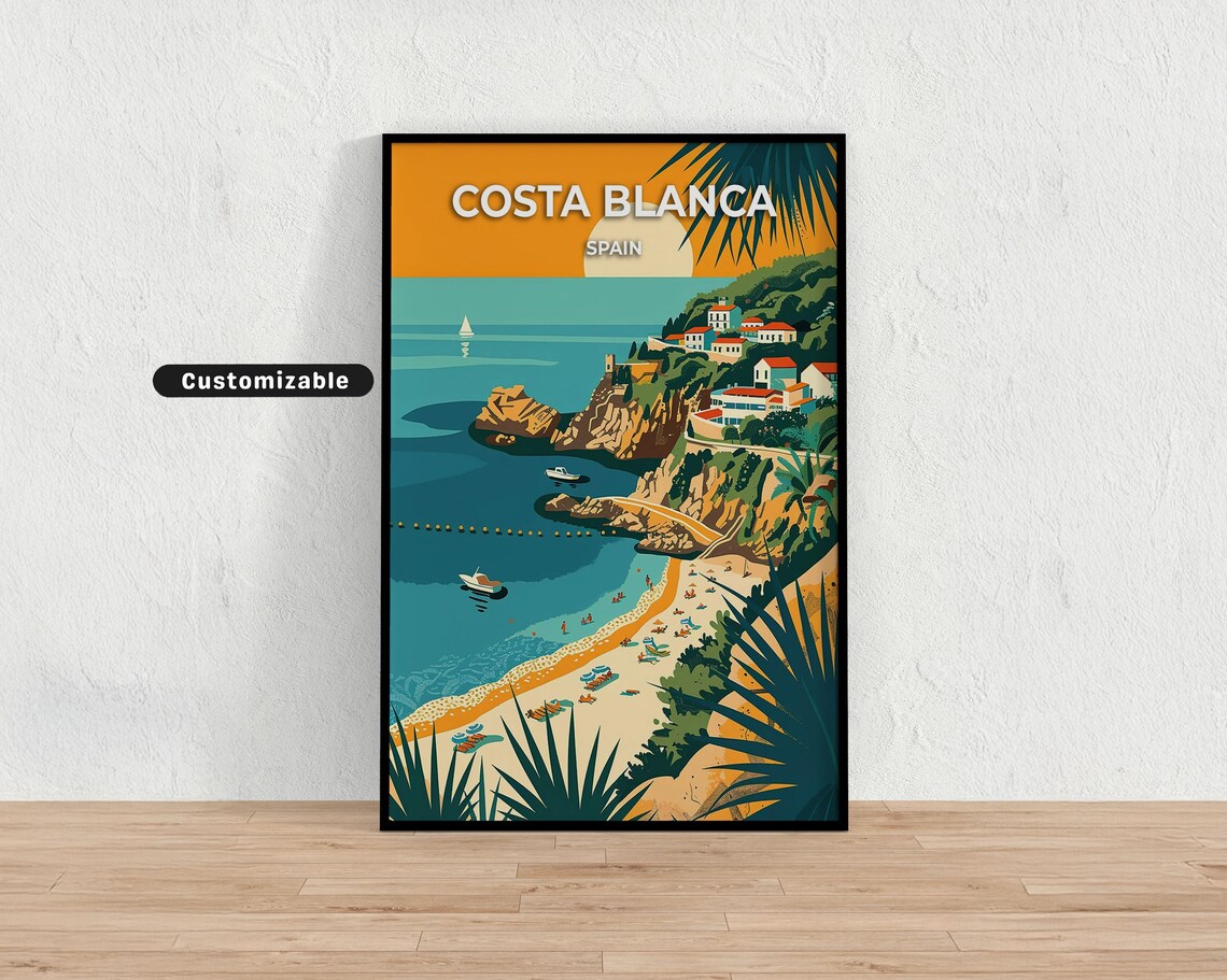 Costa Blanca Spain Beach Travel Poster with Cliff Town and Boats