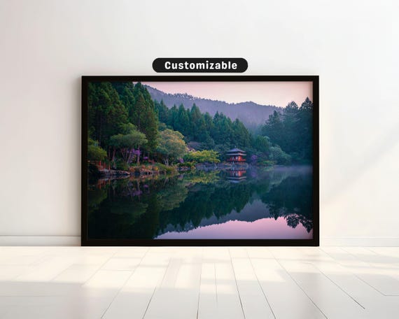 Peaceful Lake Reflecting Forest And Shrine At Dawn Japanese Wall Art Print Zen Asian Decor