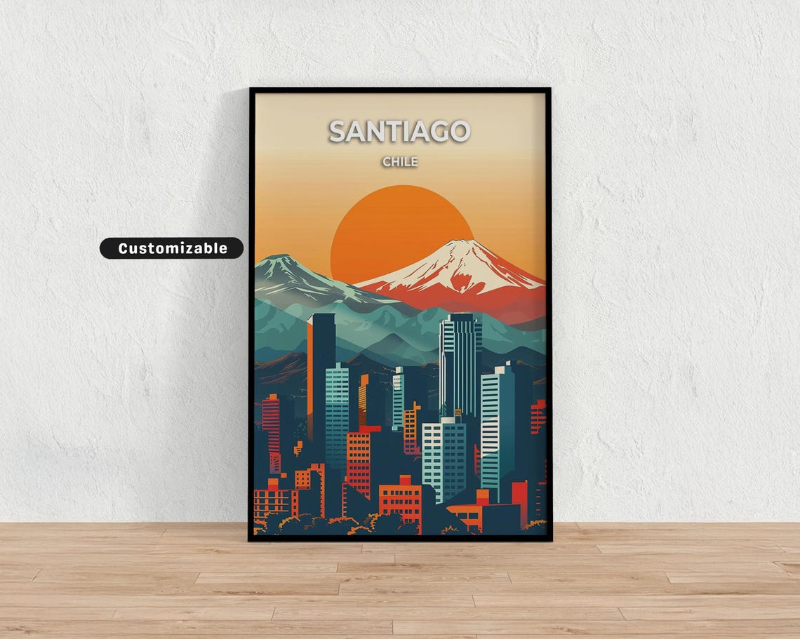 Santiago Chile Minimalist Skyline Andes Sunset Retro Flat Art Poster