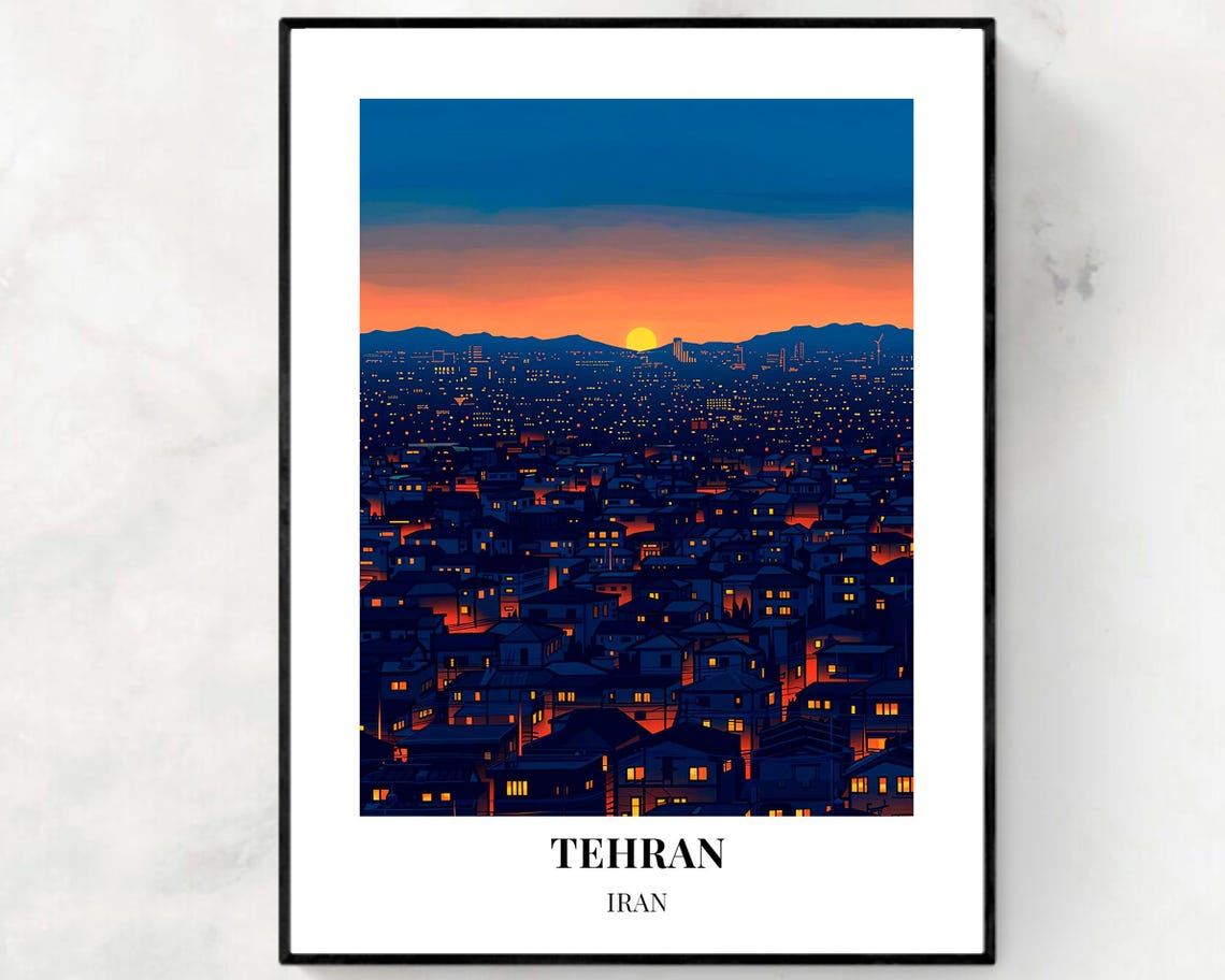 Tehran Iran Night Cityscape Sunset City Lights Panorama Travel Poster