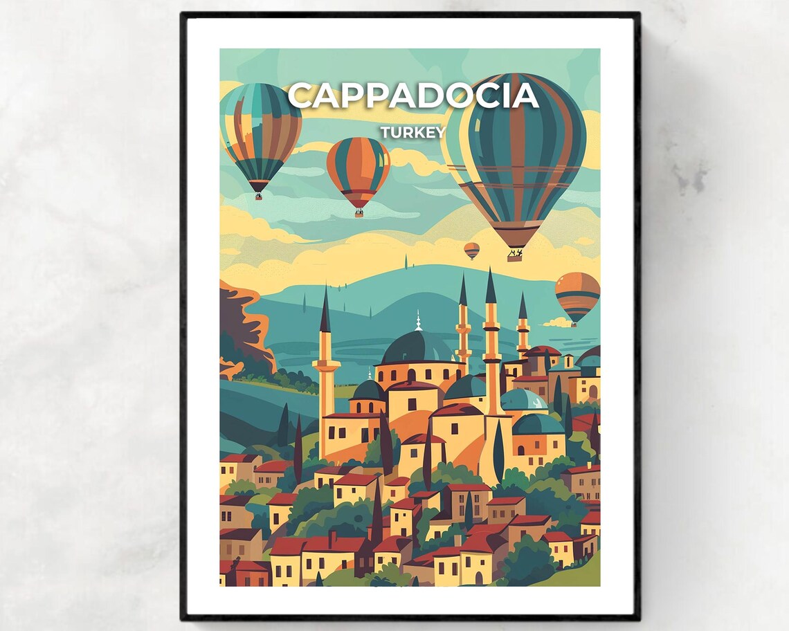 Cappadocia Turkey Hot Air Balloons Soaring Above Old Town Poster