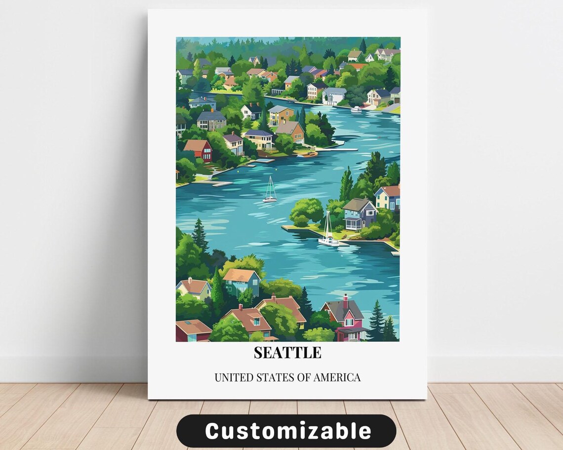 Seattle Travel Poster of Lake Houses and Sailboats in Blue Green Art