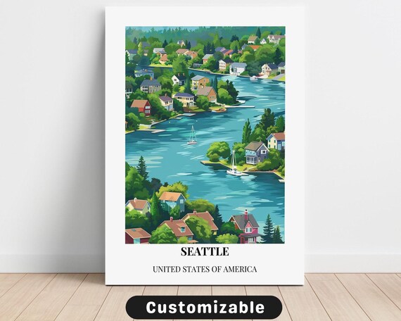 Seattle Travel Poster of Lake Houses and Sailboats in Blue Green Art