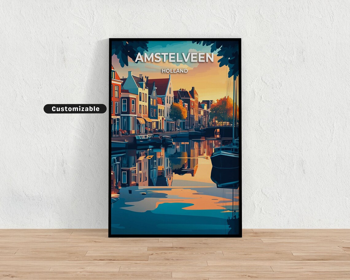 Amstelveen Holland Canal Sunset Retro Dutch Town Travel Poster