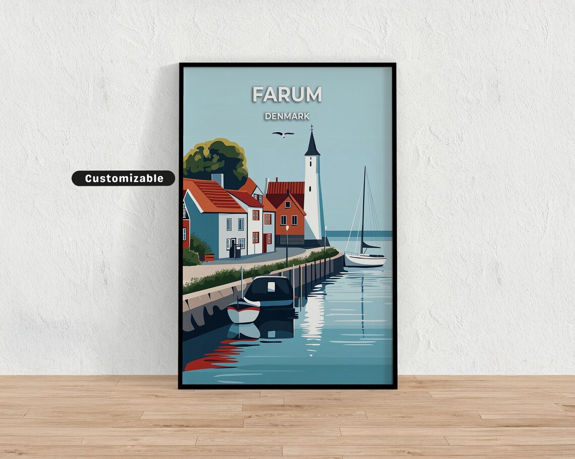 Farum Denmark Church Tower Harbor Sailboats Retro Travel Poster