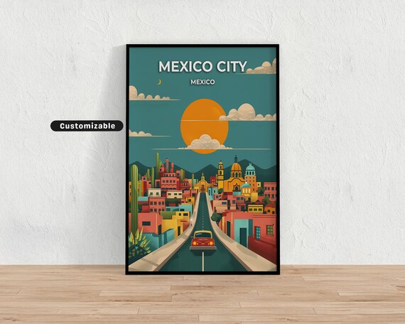 Mexico City Colonial Street Red Car Church Sunset Art Poster