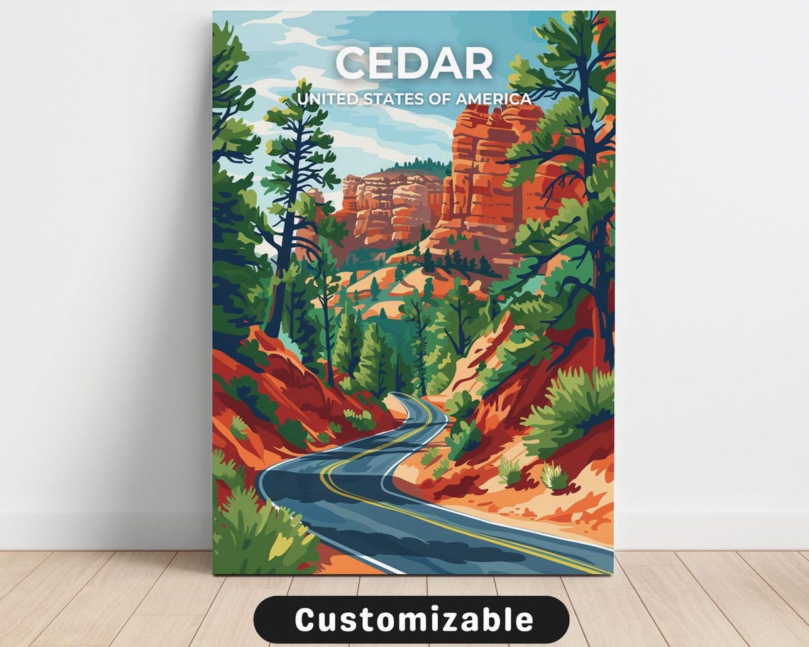Cedar Red Rock Canyon Desert Road Retro Vintage Travel Poster