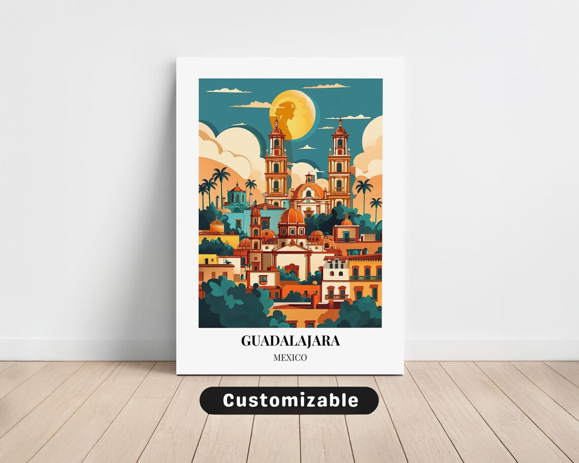 Guadalajara Mexico Twin Cathedral Towers Golden Moon Vibrant Travel Poster