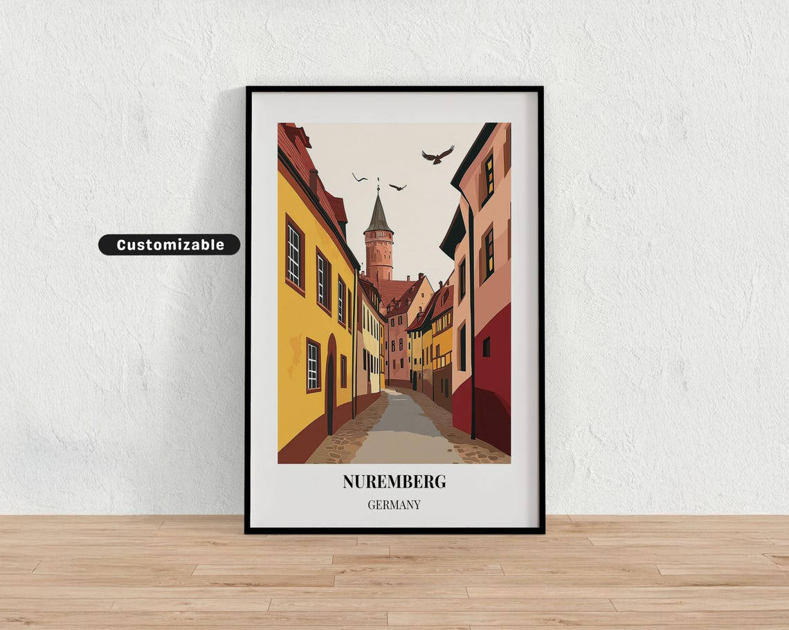 Nuremberg Germany Medieval Lane Travel Poster with Old Tower View