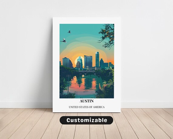 Austin Texas Downtown Sunset Lake Vintage Travel City Art Poster