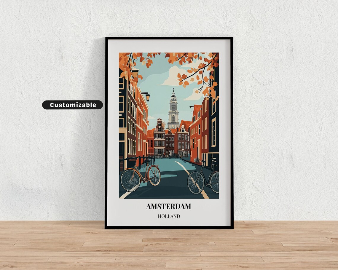 Amsterdam Holland Bicycle Street Church Tower Autumn Travel Poster