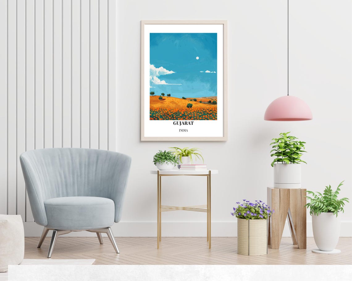 Golden Gujarat India Marigold Field Desert Landscape Travel Poster - Image 2