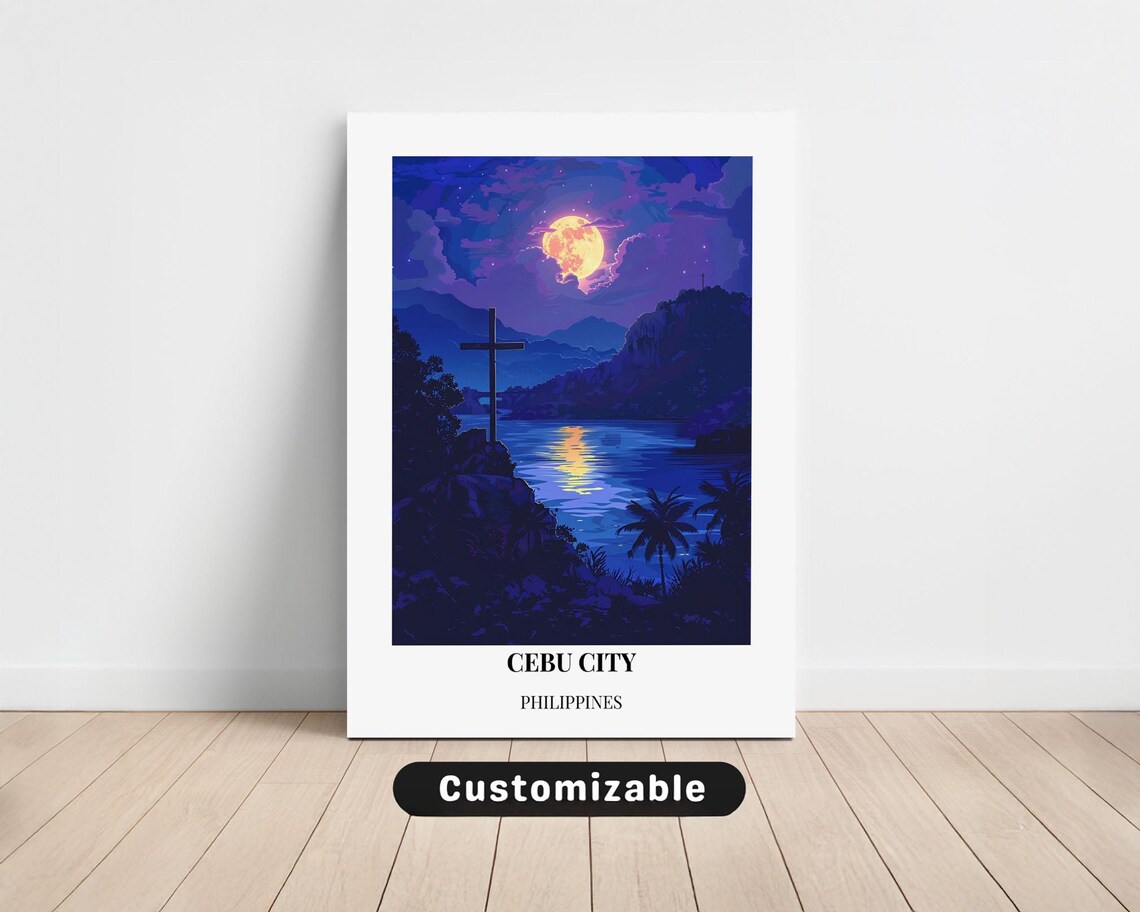 Cebu City Philippines Moonlit Bay Cross Night Sky Travel Poster