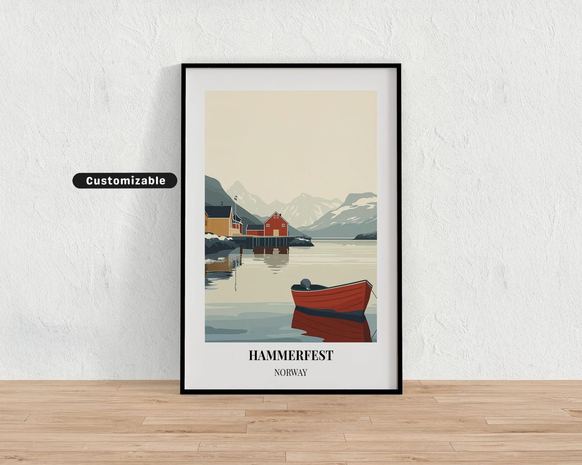 Hammerfest Norway Arctic Harbor Customizable Poster Red Boat