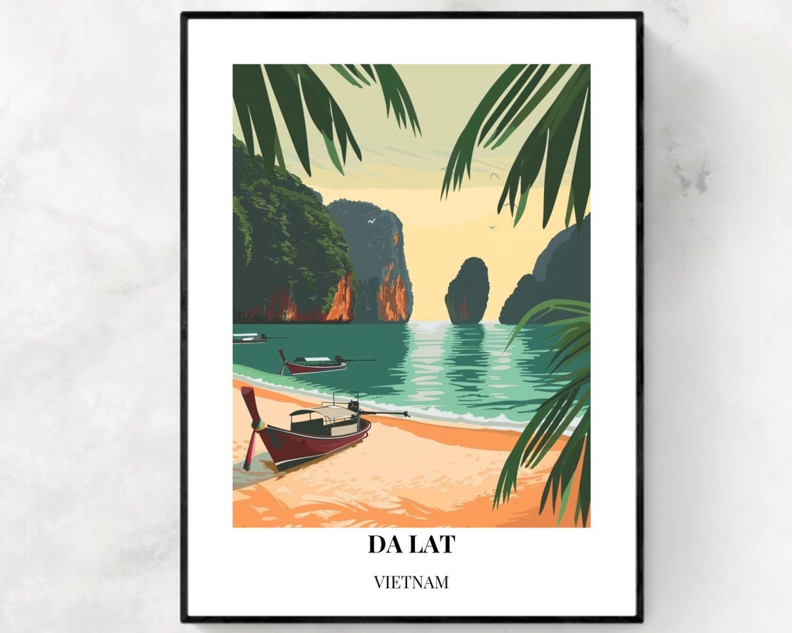 Da Lat Vietnam Palm Beach Limestone Cliffs Tropical Travel Poster