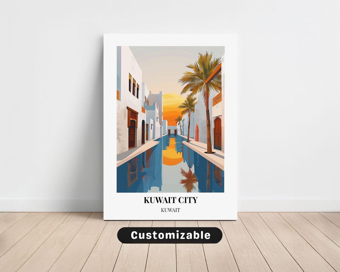Kuwait City Kuwait Old Town Canal Sunset Palm Trees Vintage Poster
