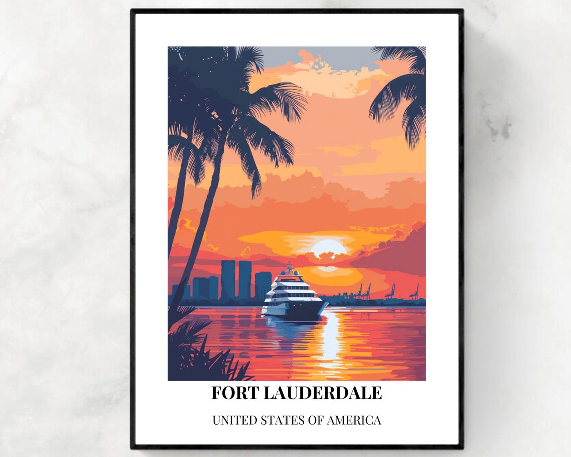 Fort Lauderdale Florida Sunset Yacht Palm Beach Travel Poster
