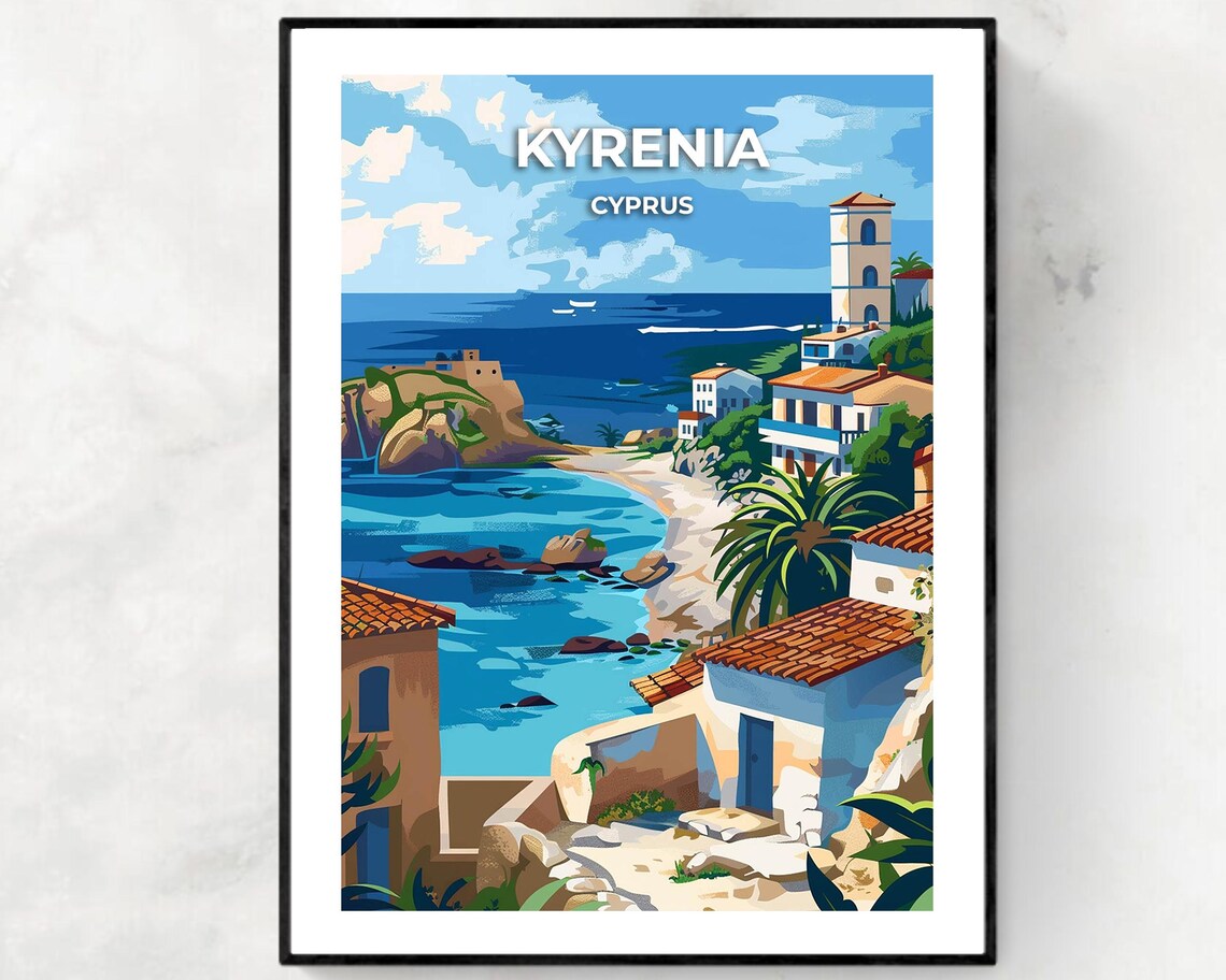 Kyrenia Cyprus Coast Harbor Bay Vintage Travel Illustration Poster