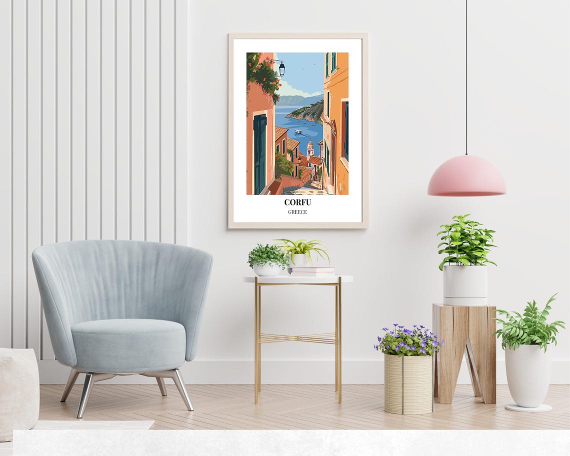 Corfu Greece Charming Old Town Alley Flowered Harbor View Poster - Image 2