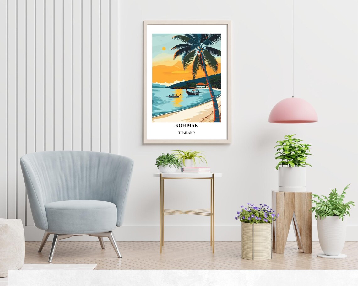 Koh Mak Thailand Palm Beach Sunset Boats Tropical Travel Poster - Image 2