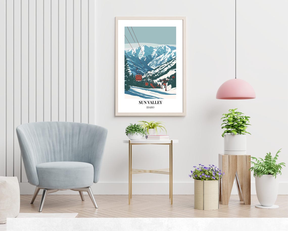 Sun Valley Idaho Red Gondolas Snowy Valley Pines Skier Ski Poster - Image 2