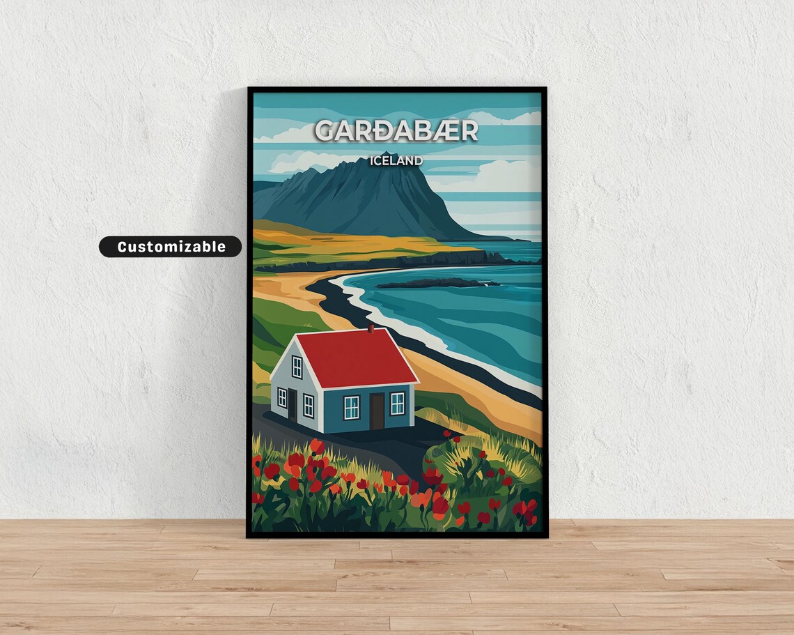 Garðabær Iceland Coastal Cottage and Beach Custom Travel Poster
