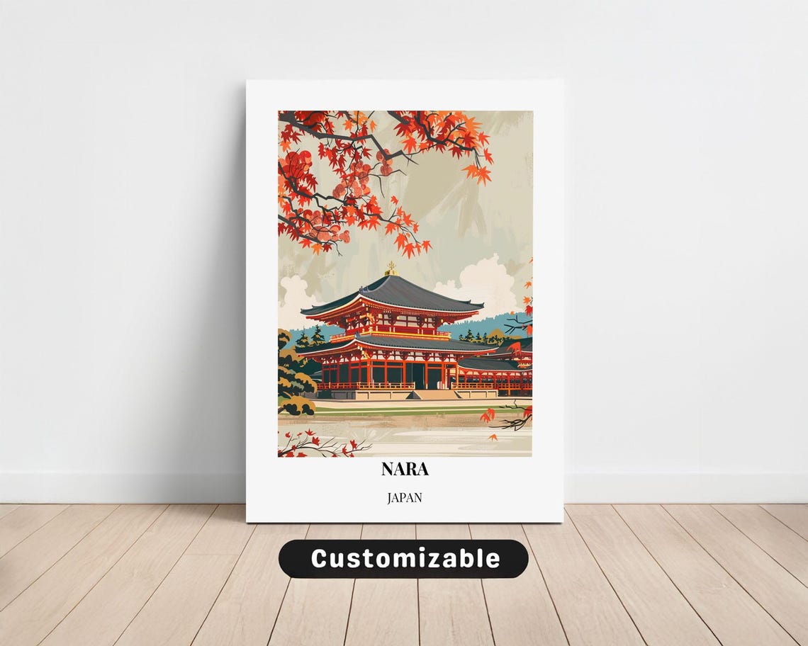 Nara Japan Red Temple Autumn Maple Leaves Traditional Travel Poster