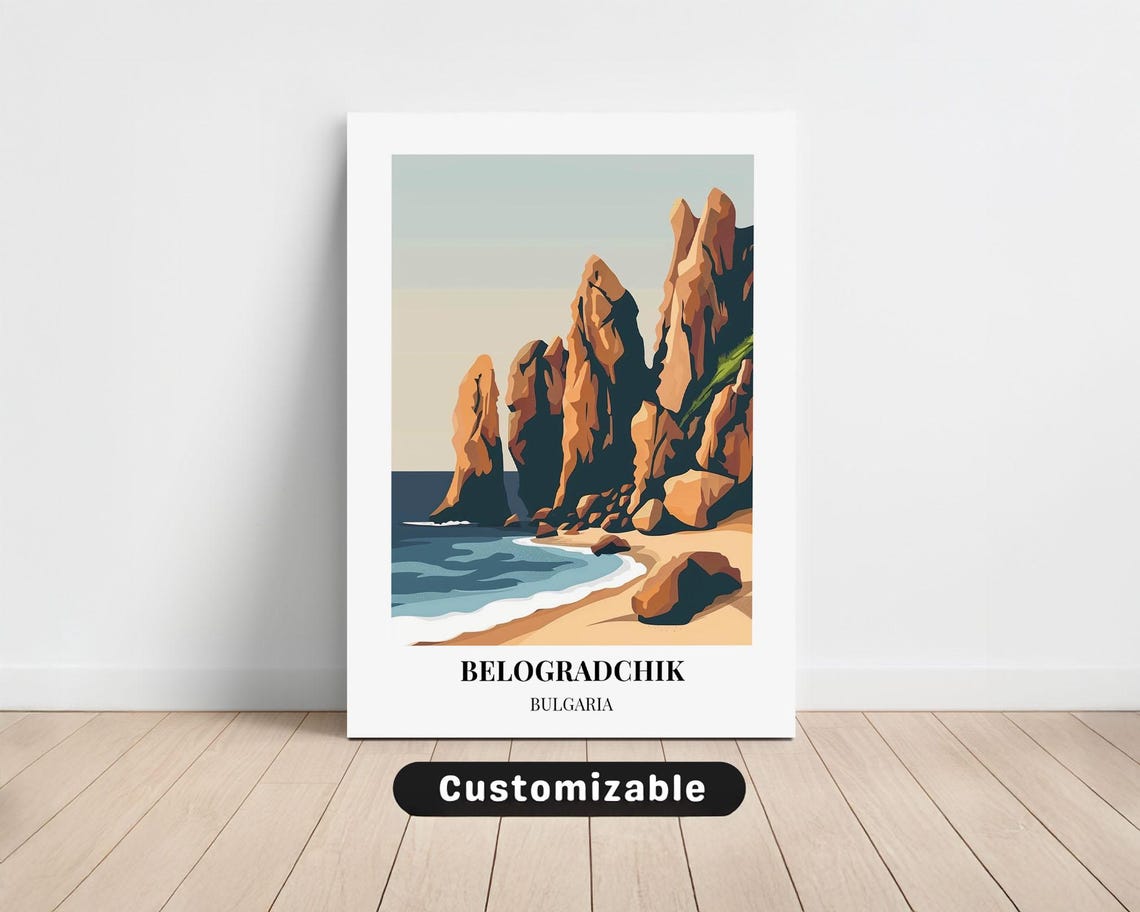 Belogradchik Bulgaria Red Rock Cliffs Beach Vintage Travel Poster