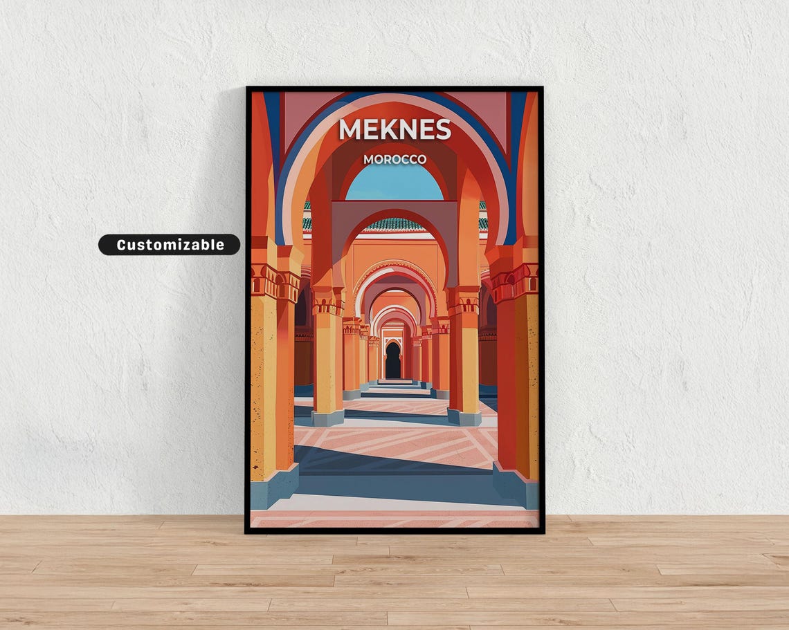 Meknes Morocco Horseshoe Arches Courtyard Retro Travel Poster