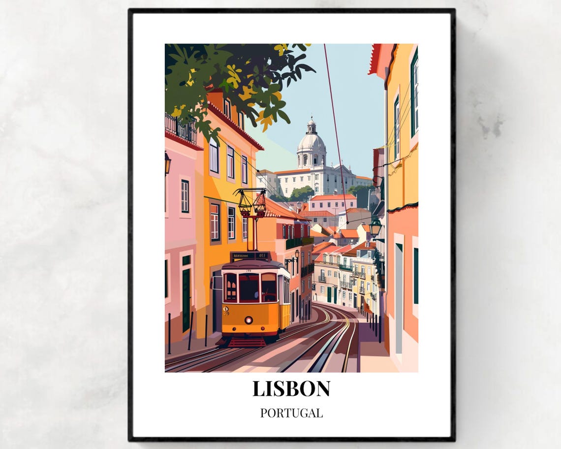 Lisbon Portugal Yellow Tram Climbing Hill Vintage Travel Poster