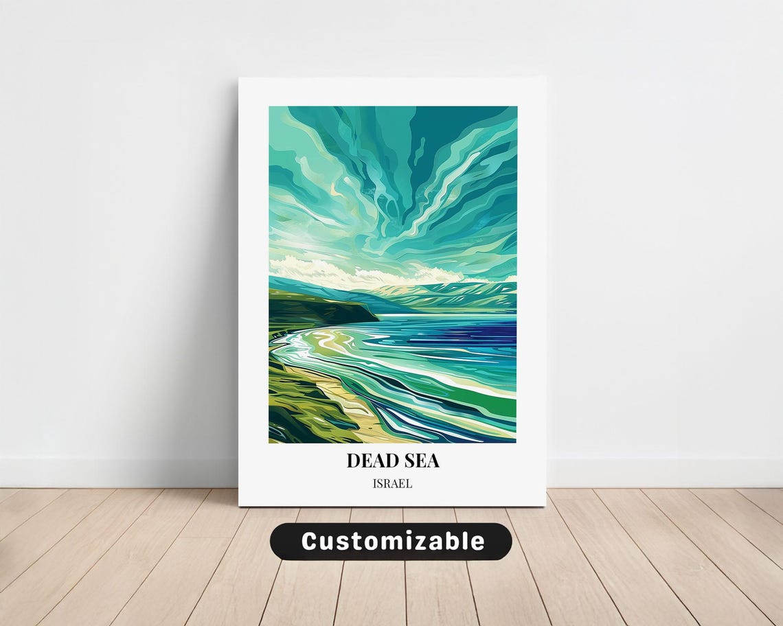 Dead Sea Israel Travel Poster Turquoise Shoreline Coastline View Art
