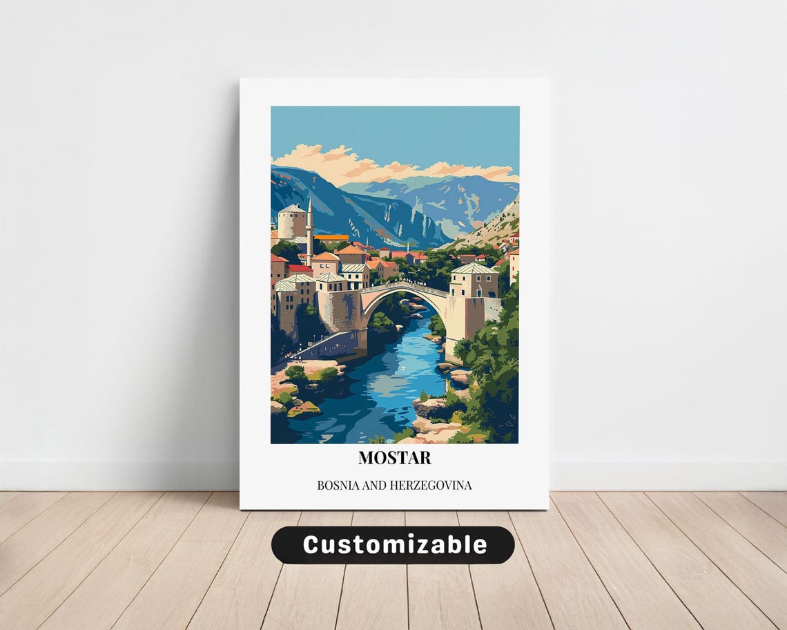 Mostar Bosnia Stari Most Old Town Bridge Vintage Travel Poster