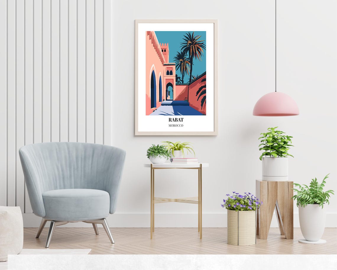 Rabat Morocco Pink Palace Courtyard Palm Trees Scene Travel Poster - Image 2