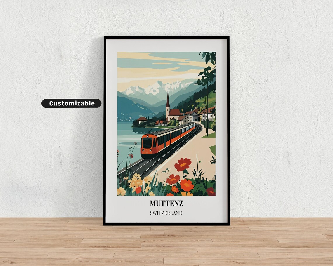Muttenz Switzerland Red Tram Alpine Lake Village Vintage Travel Poster