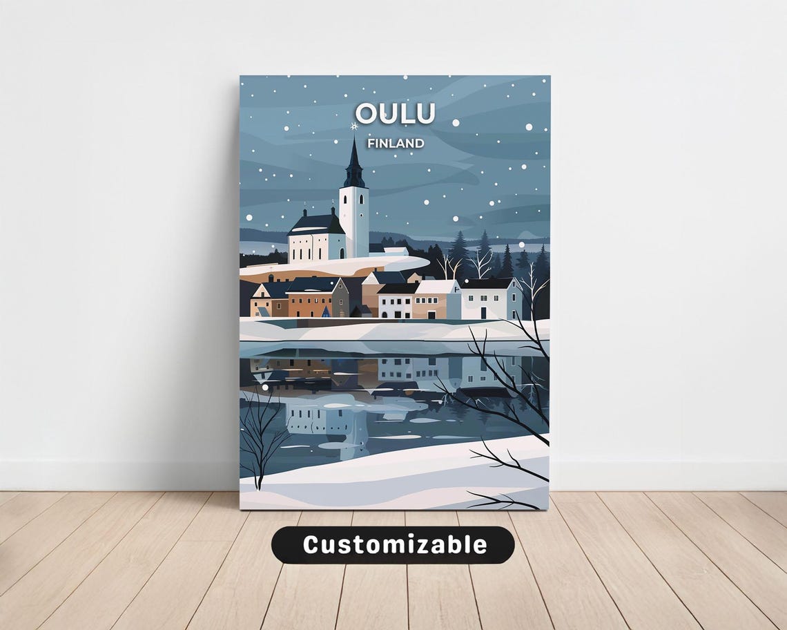 Oulu Finland Winter Travel Poster Snowy Church Night Snowfall Scene