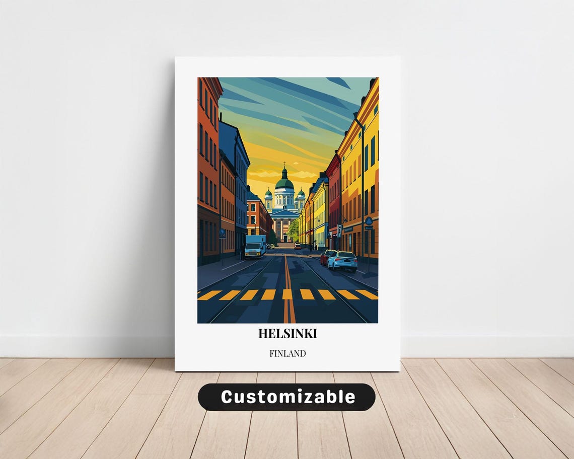 Helsinki Finland Cathedral Street Sunset Colorful Travel Poster