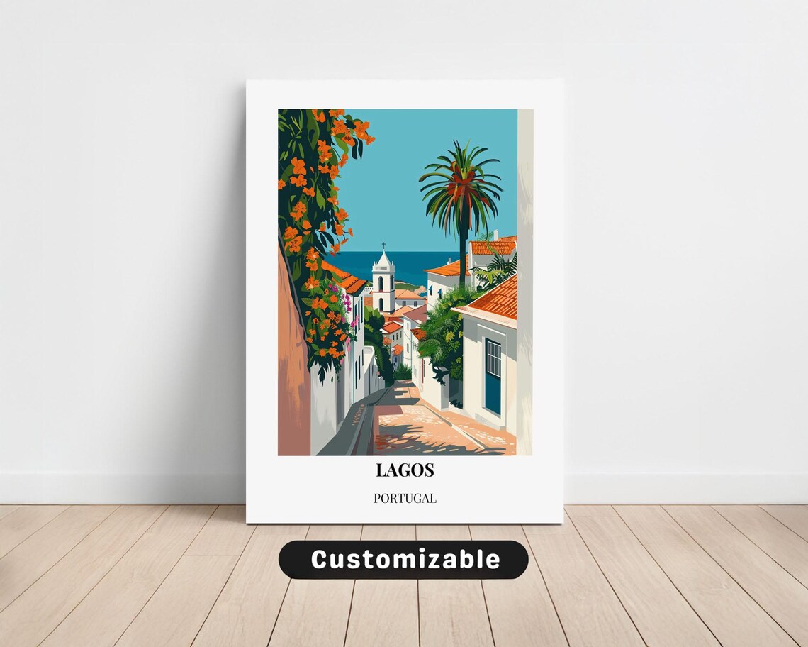 Lagos Portugal Whitewashed Alley Church Sea Coast Travel Poster