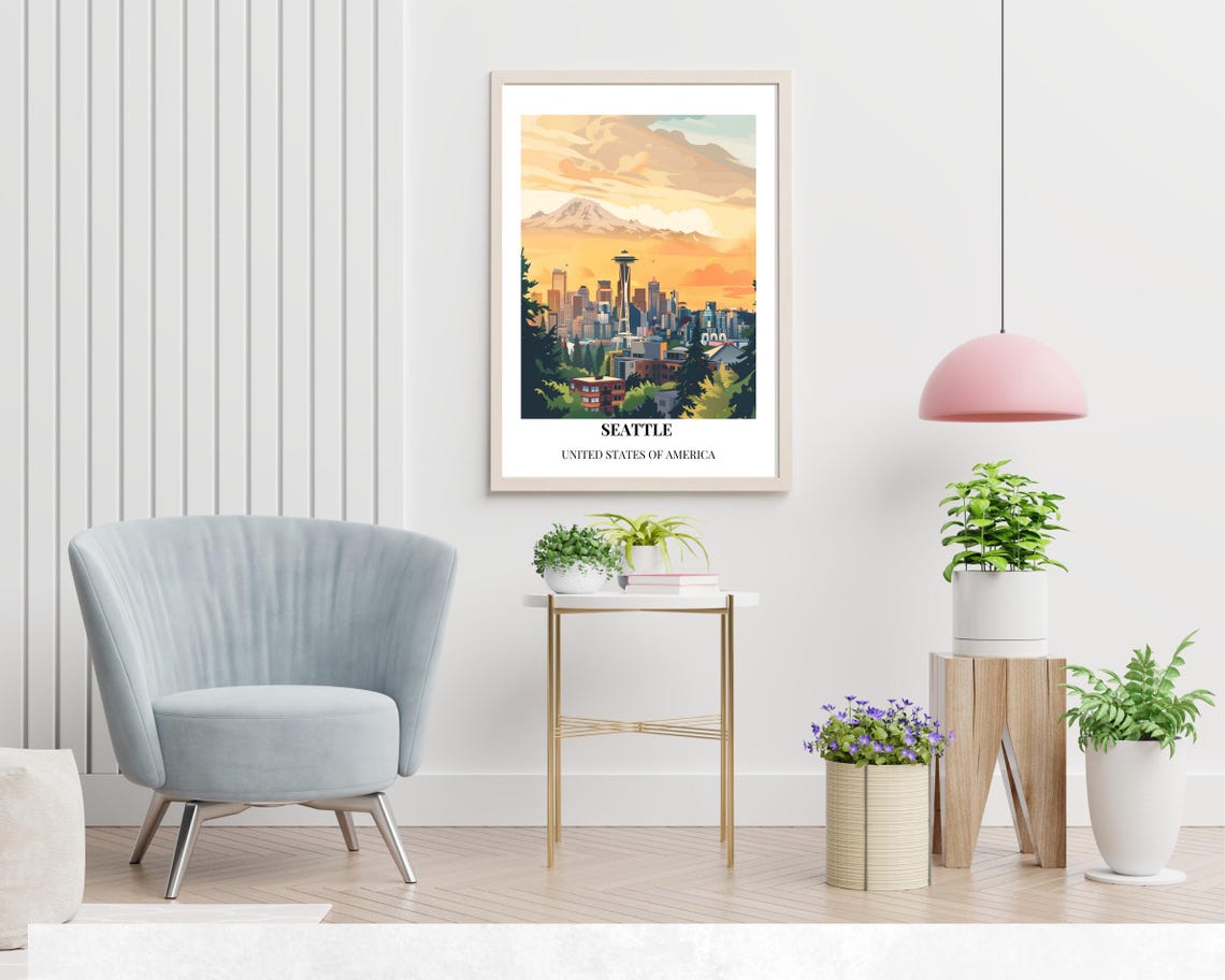 Seattle Space Needle Sunset Skyline Below Caption Travel Poster - Image 2