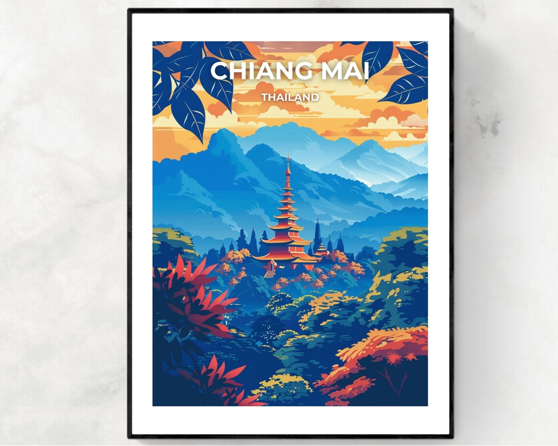 Chiang Mai Thailand Temple Mountain Sunset Dreamy Travel Poster