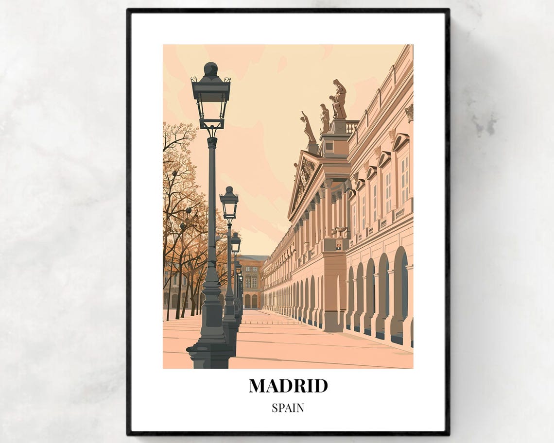 Madrid Spain Plaza Colonnade With Lanterns Travel Poster Art