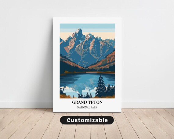 Grand Teton National Park Travel Poster Peak Lake Reflection Vintage Decor