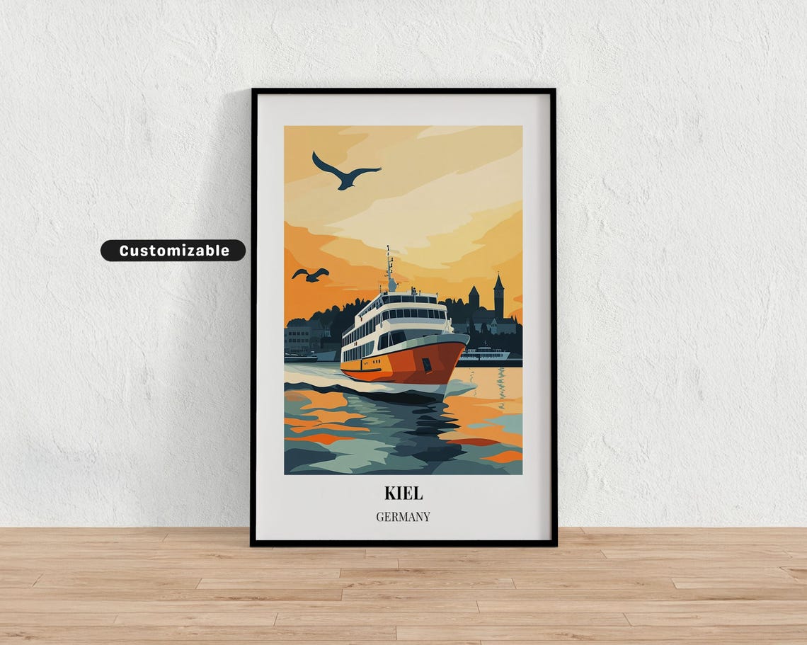Kiel Germany Ferry At Sunset Harbor Seagulls Retro Travel Poster