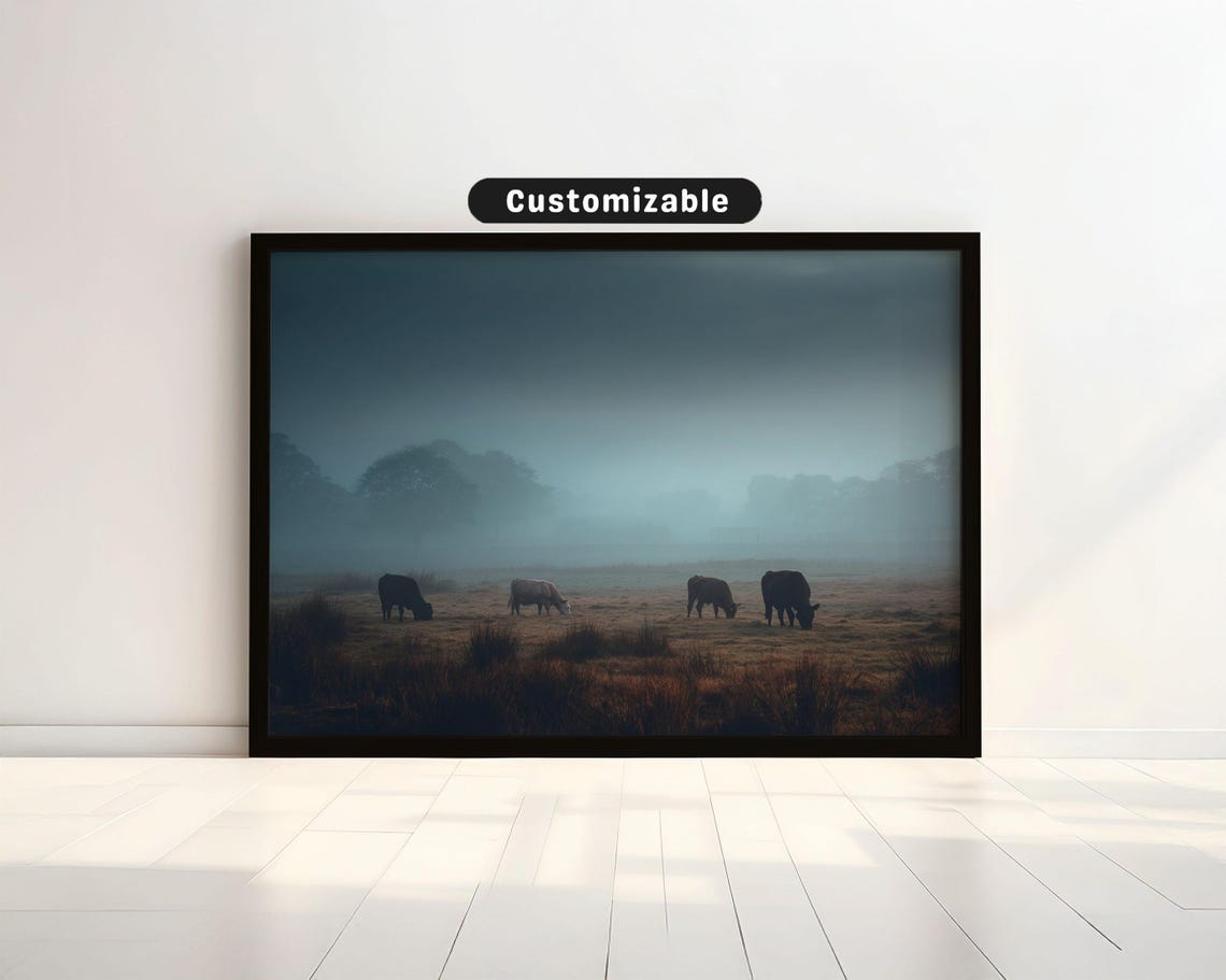 Cows Grazing on Foggy Pasture Soft Dawn Light Moody Farm Poster