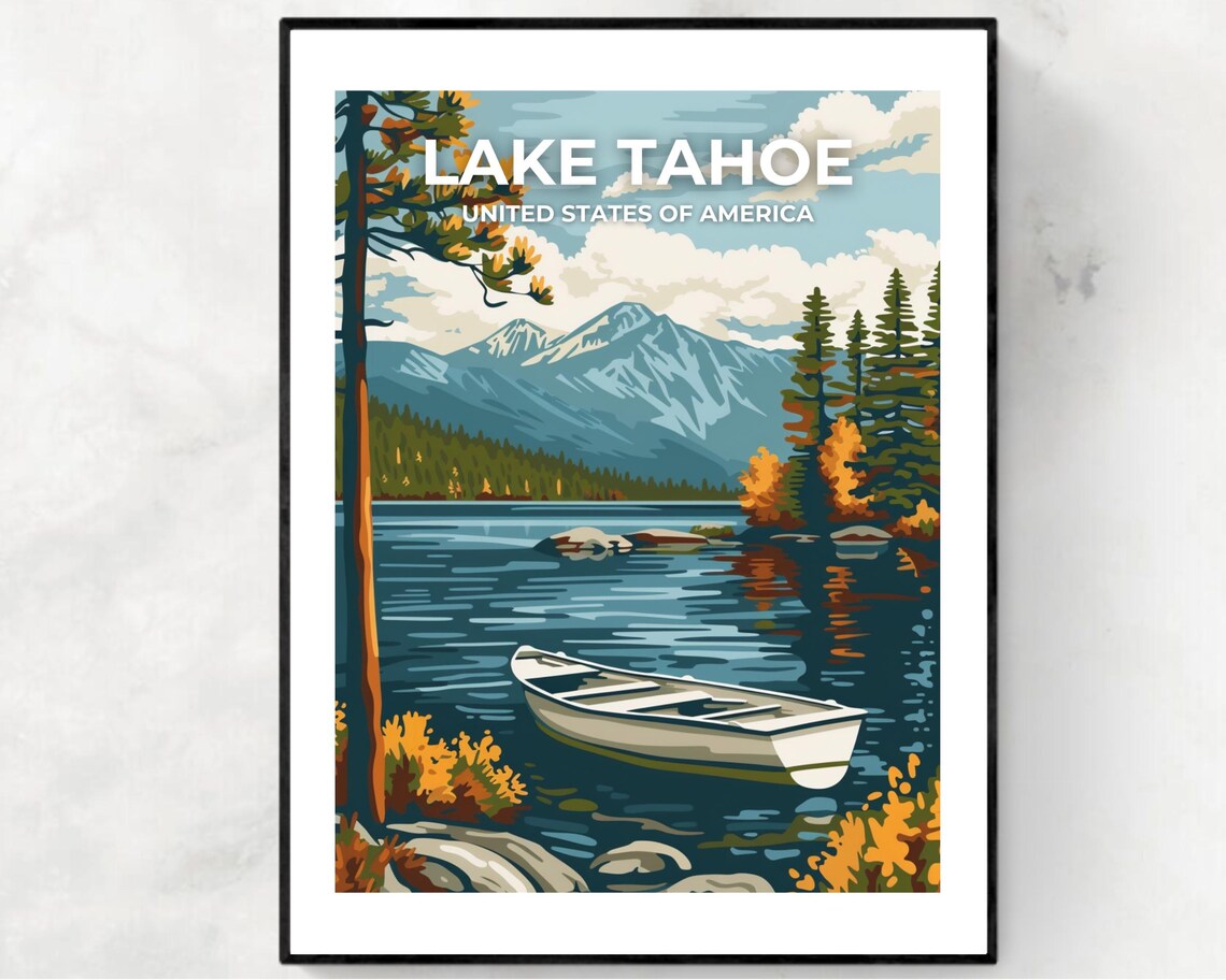 Lake Tahoe Rowboat Autumn Pines Mountain Lake Vintage Travel Poster